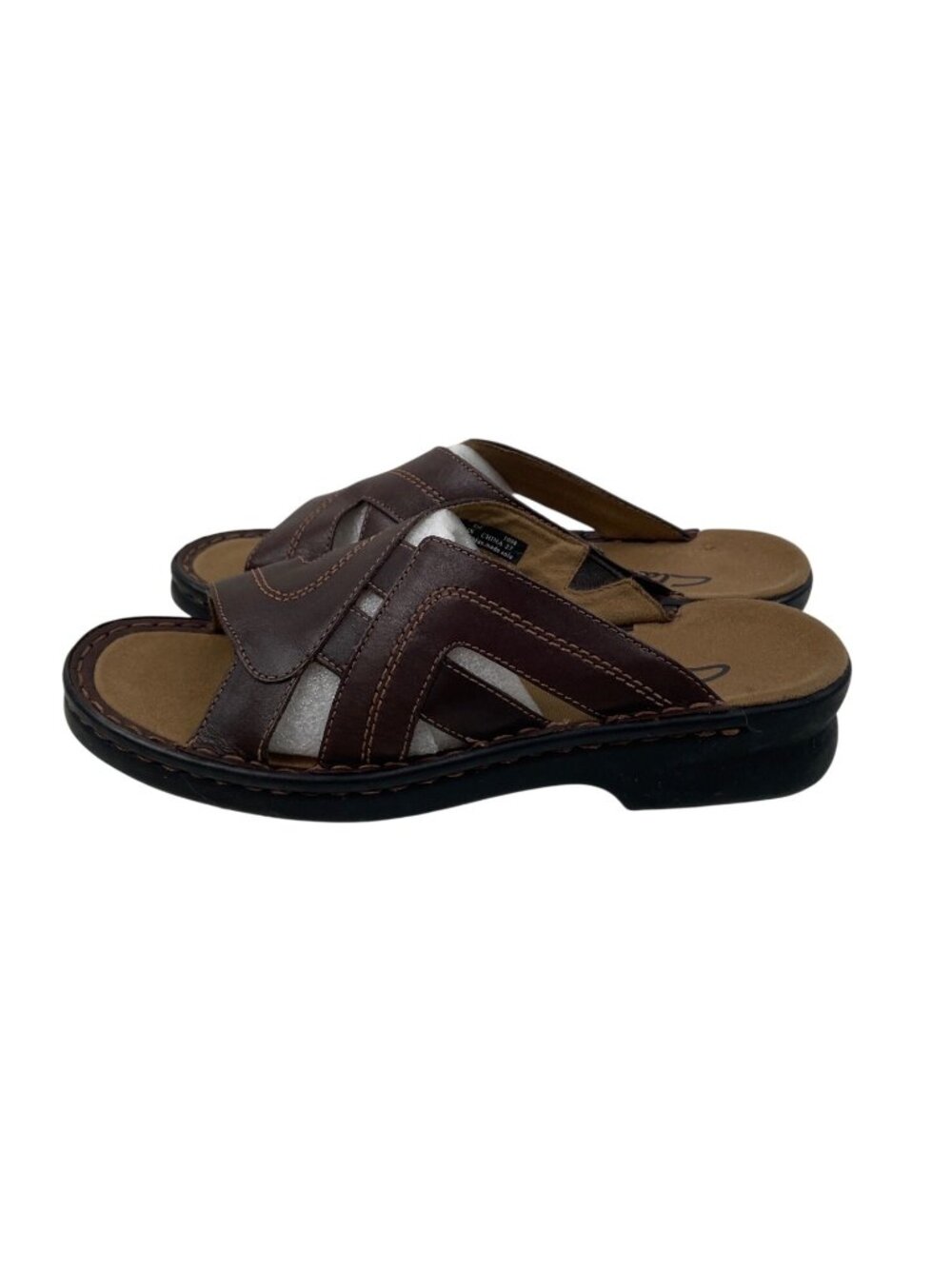 Clarks Brown Leather Sandals Woven Design Slip-On Casual Comfort Womens Size 8M